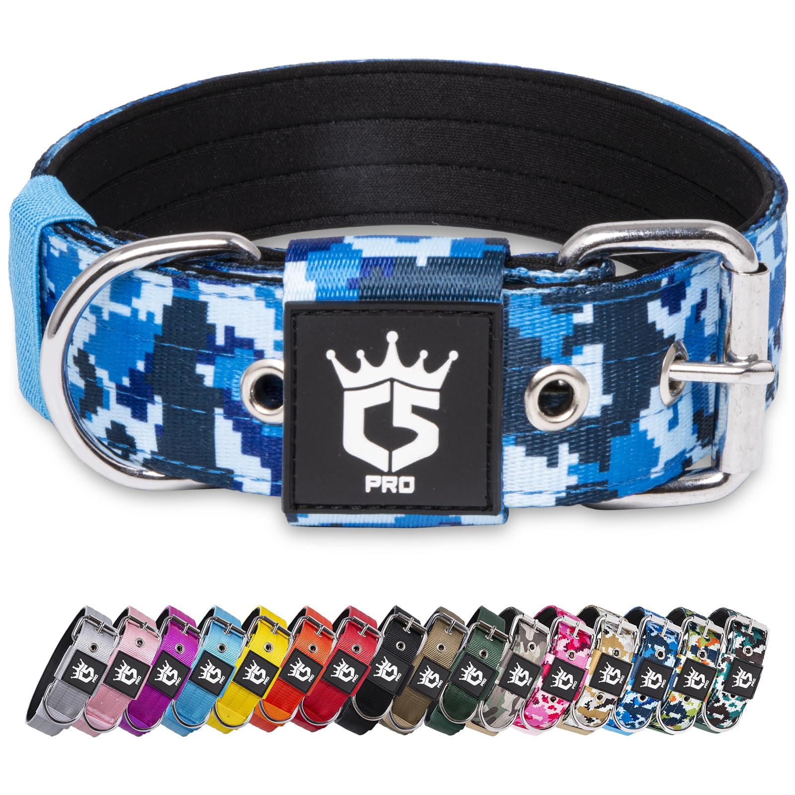 Collar táctico TSPRO 1,5 pulgadas, vista frontal en camuflaje azul para paseos.