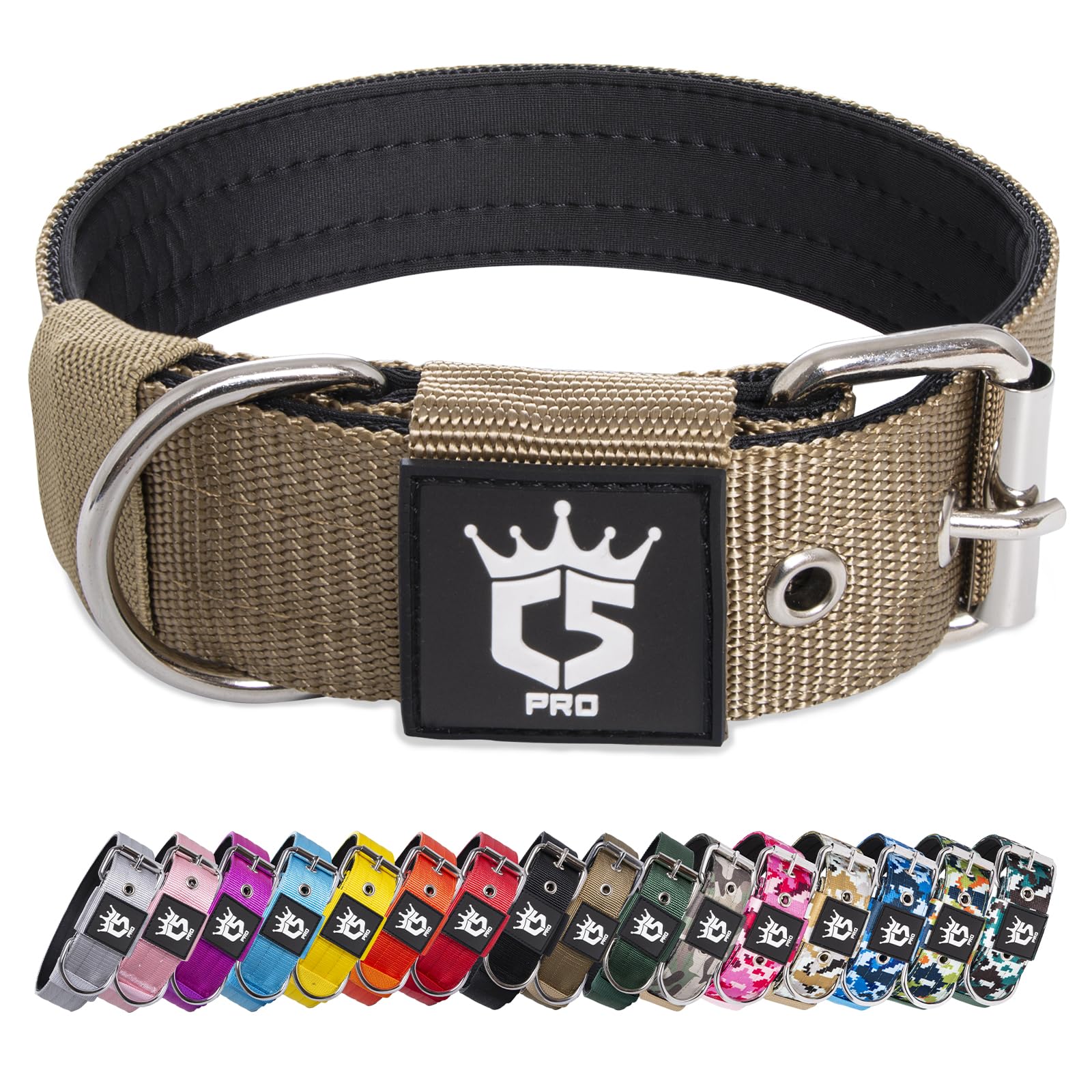 Collar táctico TSPRO 1.5 pulgadas caqui, ideal para perros grandes.