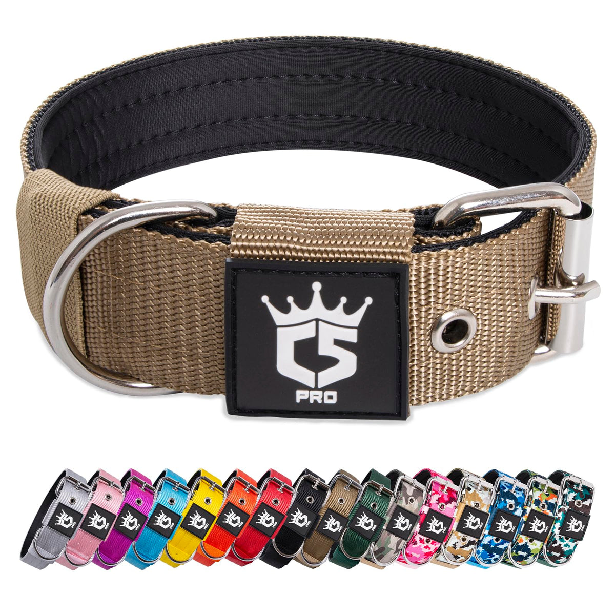 Collar táctico TSPRO 1.5 pulgadas caqui, ideal para perros grandes.