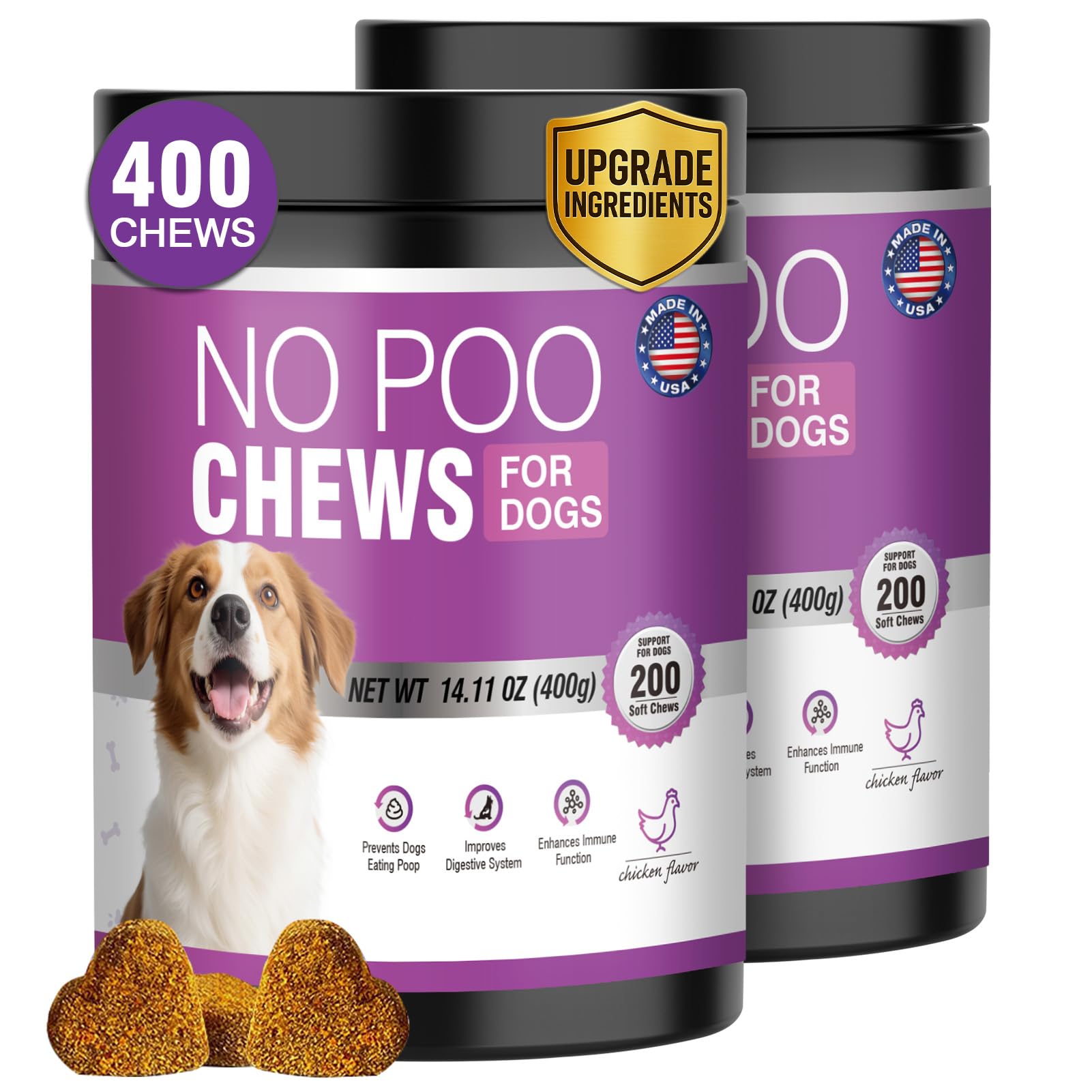 TTIXRL 400 chews No Poo para perros en envase práctico mejora la conveniencia diaria.