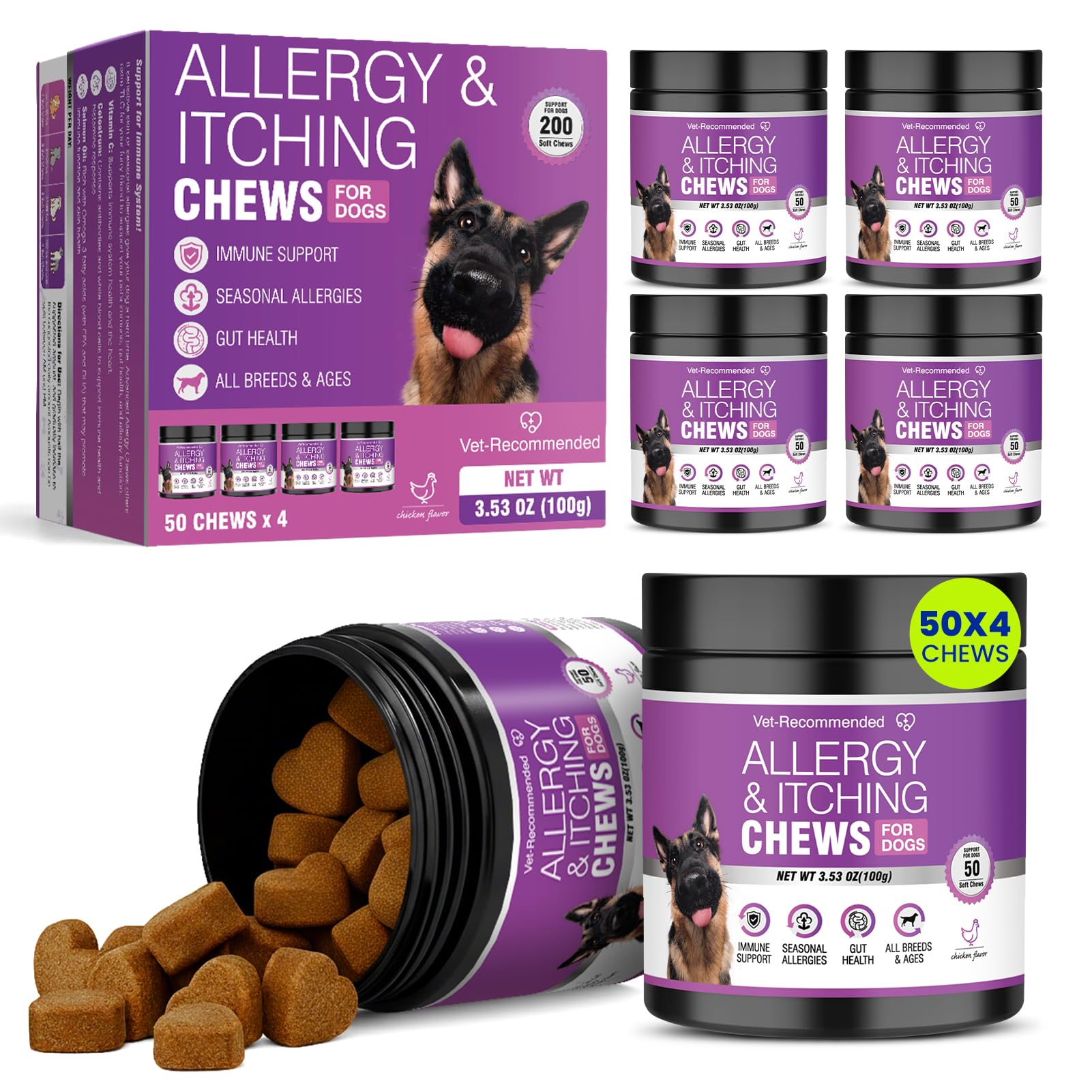 TTLXBL Alergia para perros: masticables en envase 200ct, fácil para viajes y almacenamiento.