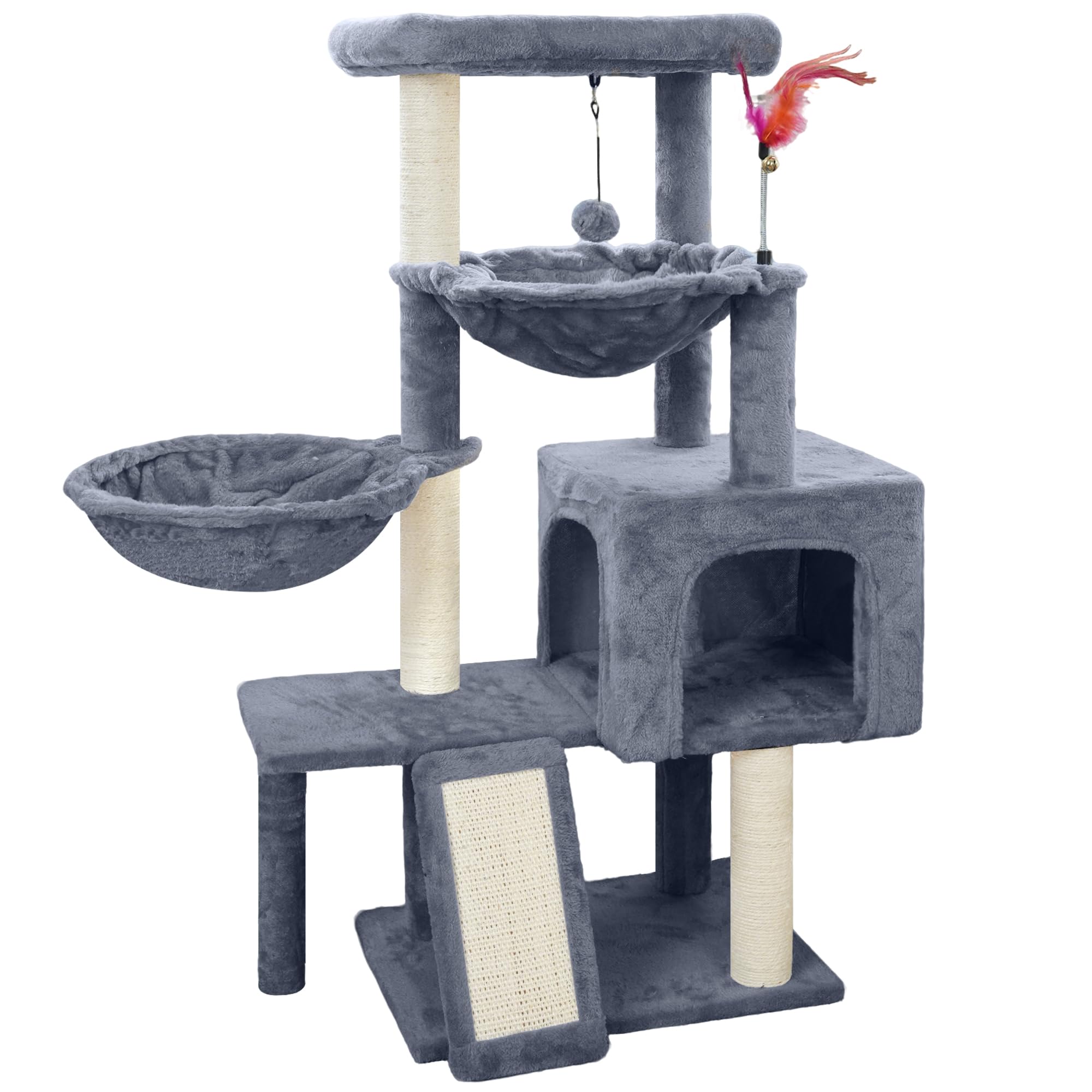 Tuaoeef Arbol Gatos Gris con condo y dos hamacas para descanso cómodo.