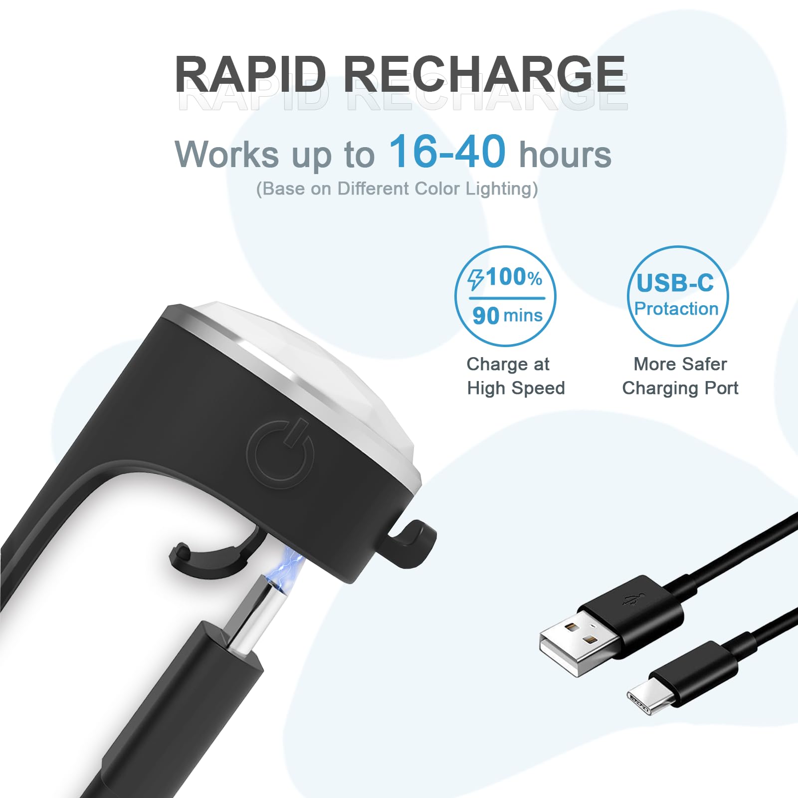 Tubasion luz recargable USB-C para collar, recargas rápidas y simples.