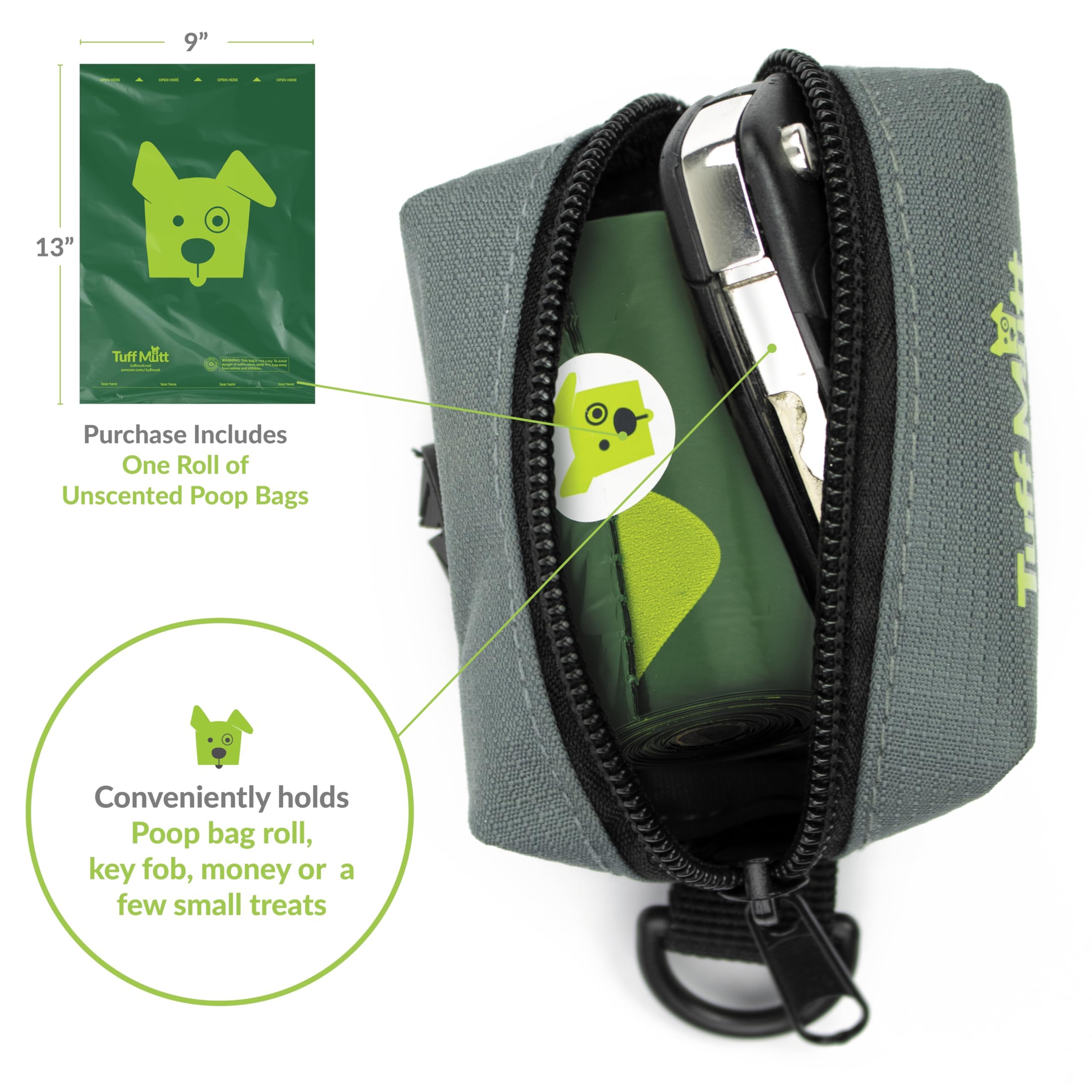Tuff Mutt rollo de bolsas incluido, listo para caminar.