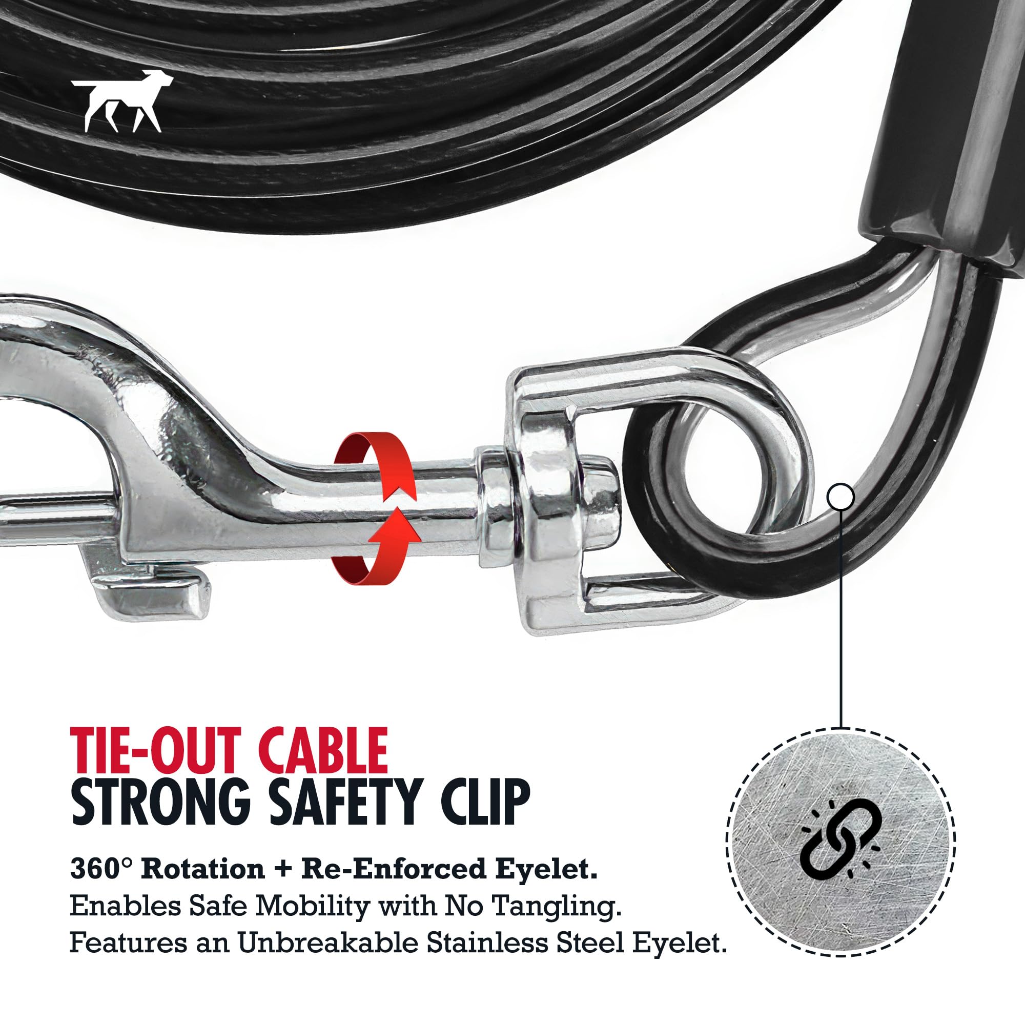 Tuff Pupper anillos de refuerzo protegen extremos del cable para mayor durabilidad.