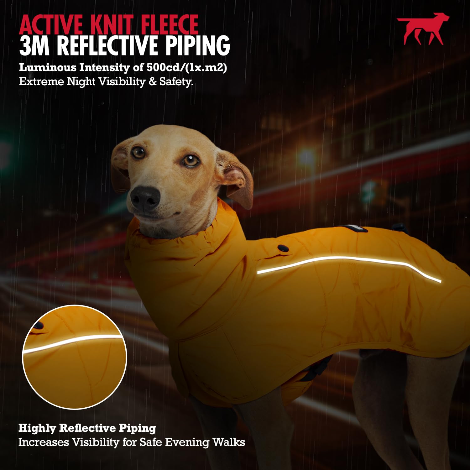 Detalles reflectivos en chubasquero Tuff Pupper para visibilidad nocturna