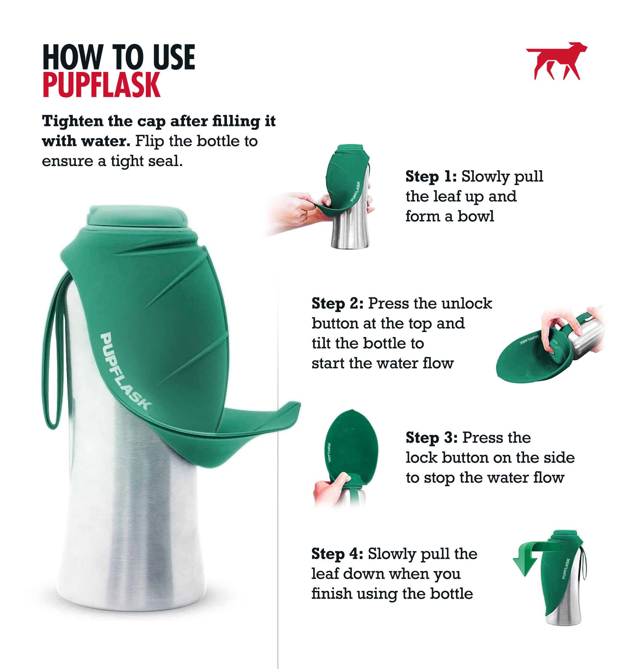PupFlask de Tuff Pupper, copa-silicona-plegable, lista para paseos.