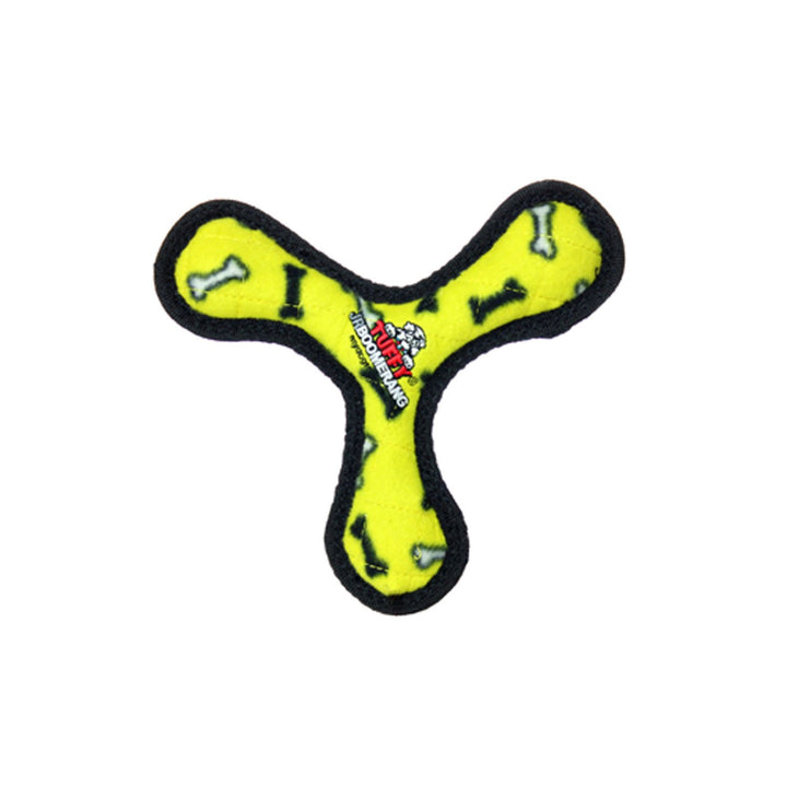 TUFFY Tuffy Jr Bowmerang Hueso Amarillo, vista frontal, perfecto para perros pequeños y juegos ligeros.
