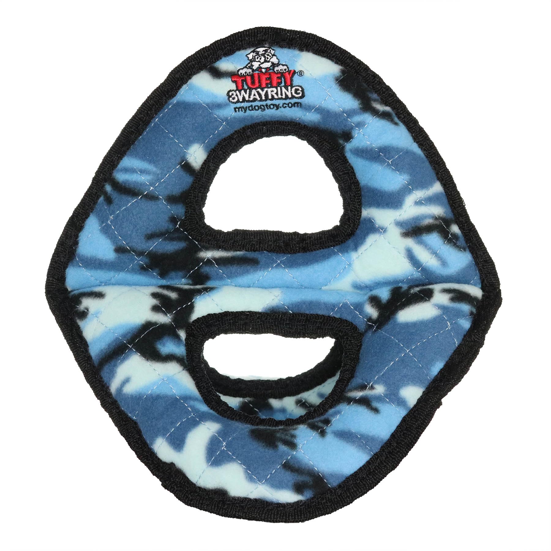 Juguete TUFFY para perro: anillo 3 vías camo azul para juego interactivo y resistente.