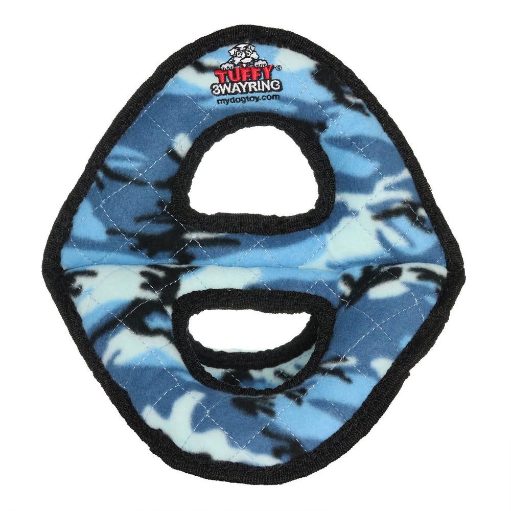 Juguete TUFFY para perro: anillo 3 vías camo azul para juego interactivo y resistente.