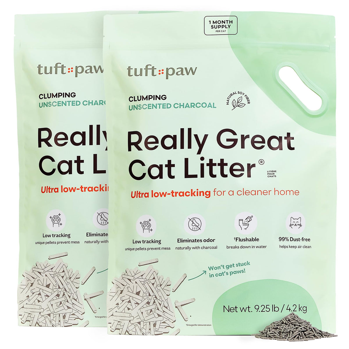 Tuft + Paw: paquete de dos bolsas de arena para gato, práctico para usar en casa.