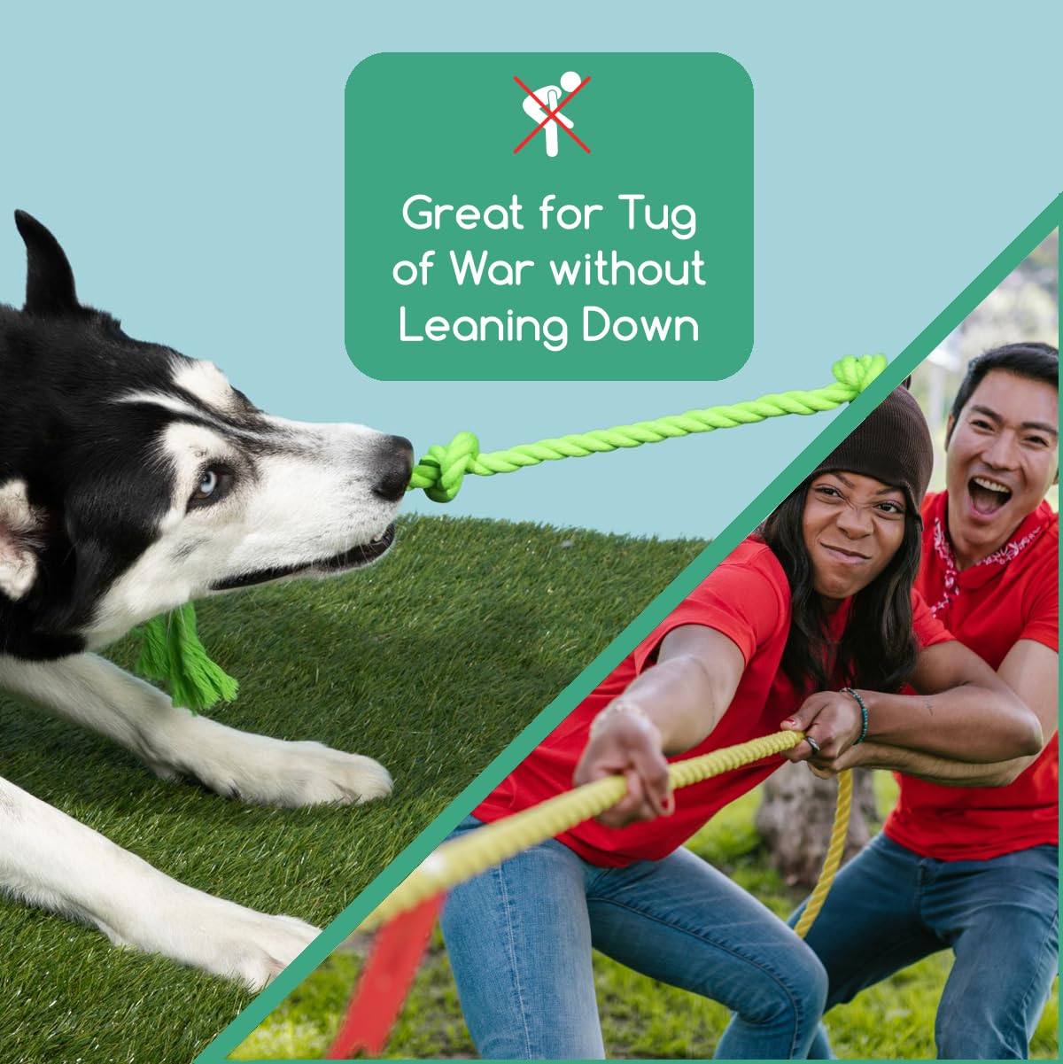 Tumbo Tough Tug con 5 nudos grandes para mordida y agarre fáciles.