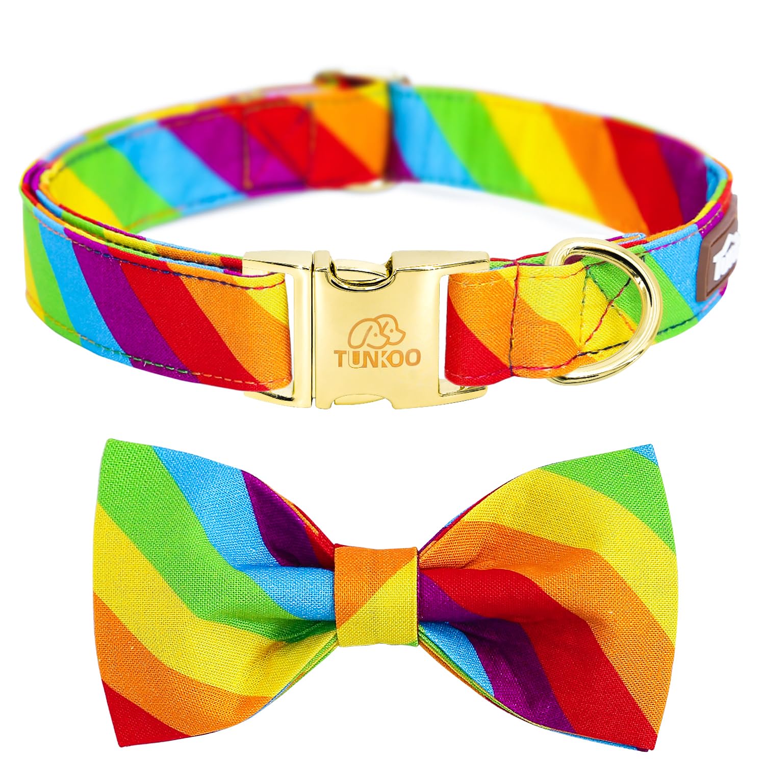 Tunkoo collar arcoiris con lazo frontal, ideal para paseos con estilo y apoyo a la diversidad.