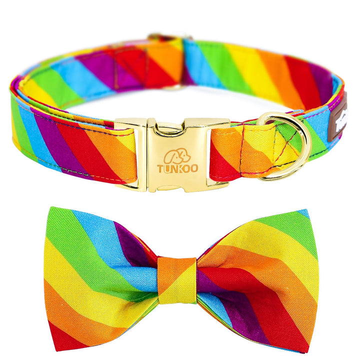 Tunkoo collar arcoiris con lazo frontal, ideal para paseos con estilo y apoyo a la diversidad.