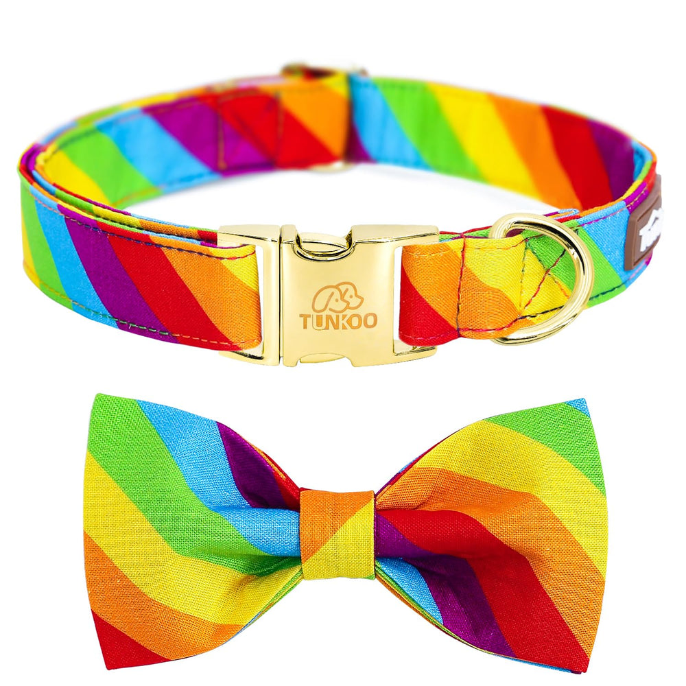 Tunkoo collar arcoiris con lazo frontal, ideal para paseos con estilo y apoyo a la diversidad.