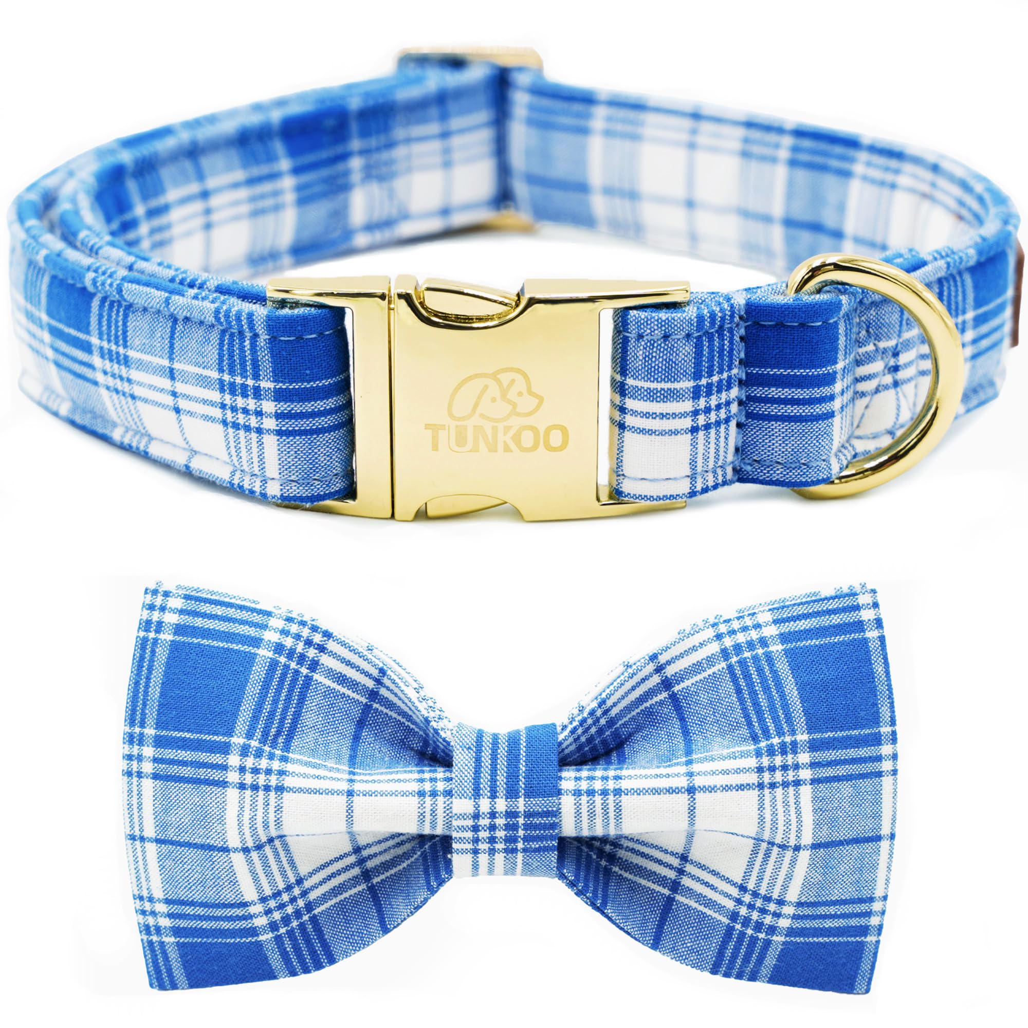 Collar Tunkoo azul a cuadros con lazo, vista frontal, ideal para paseos con estilo.