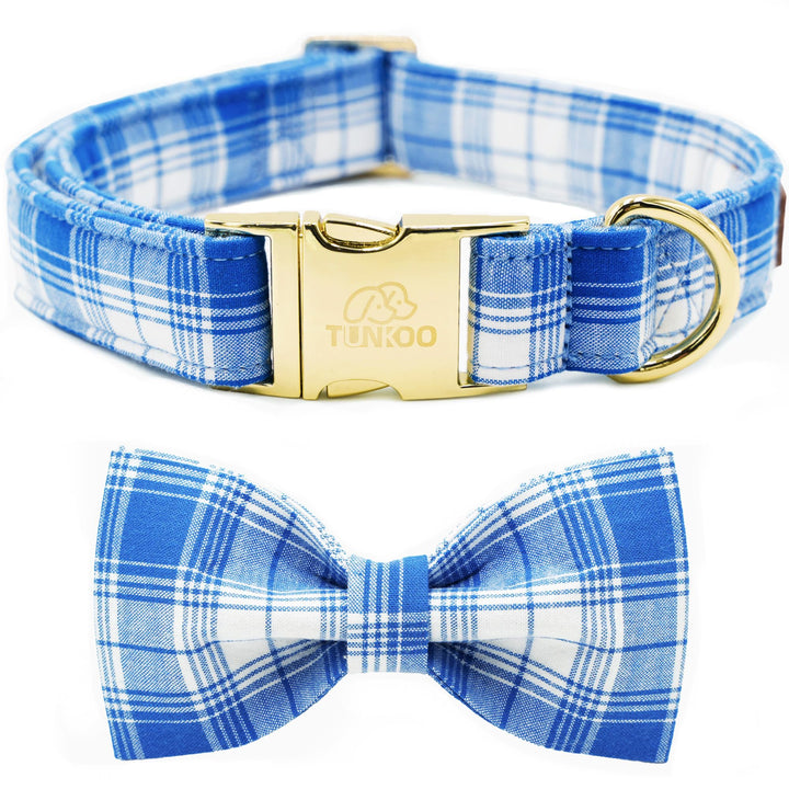 Collar Tunkoo azul a cuadros con lazo, vista frontal, ideal para paseos con estilo.