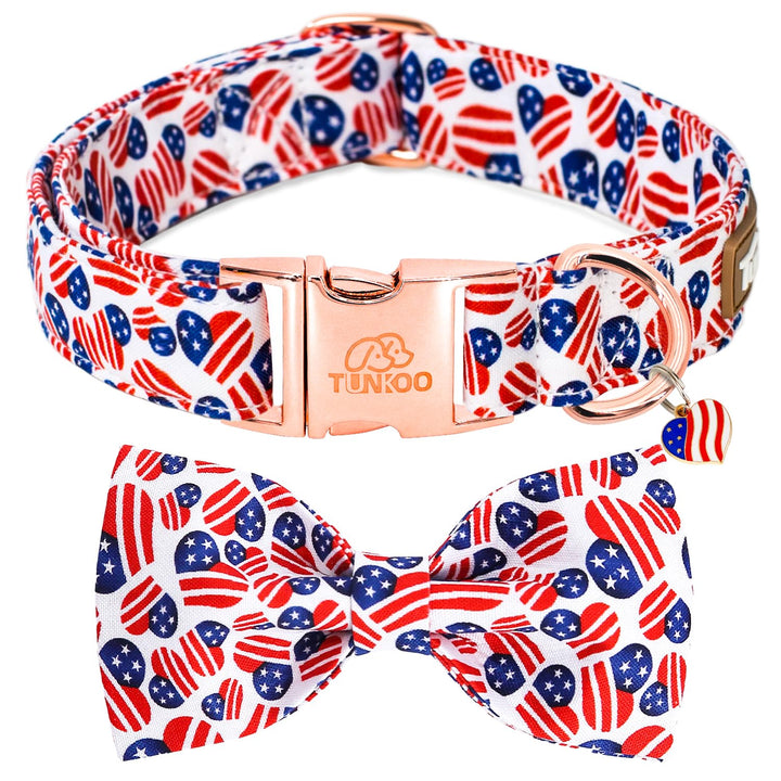 Collar Tunkoo con bandera estadounidense y lazo corazón, ideal para paseos llamativos.