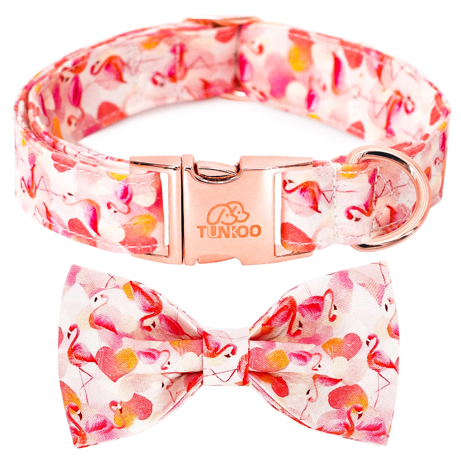 Collar Tunkoo con lazo rosa flamenco y corazón para paseos con estilo.
