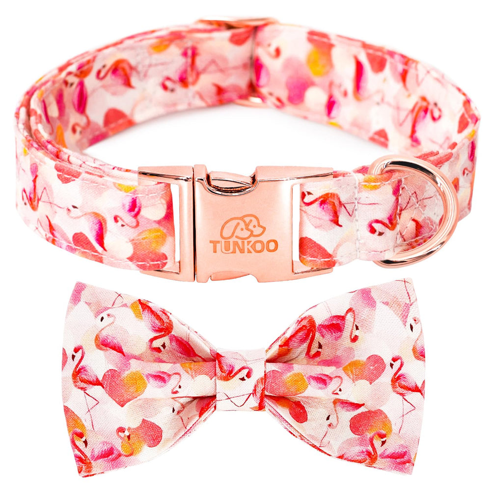 Collar Tunkoo con lazo rosa flamenco y corazón para paseos con estilo.