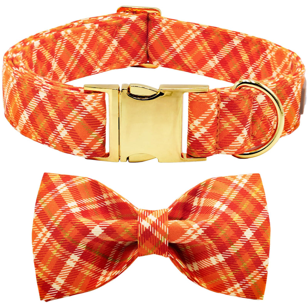 Collar Tunkoo para perro con lazo naranja y cuadros otoñales, ideal para fotos.