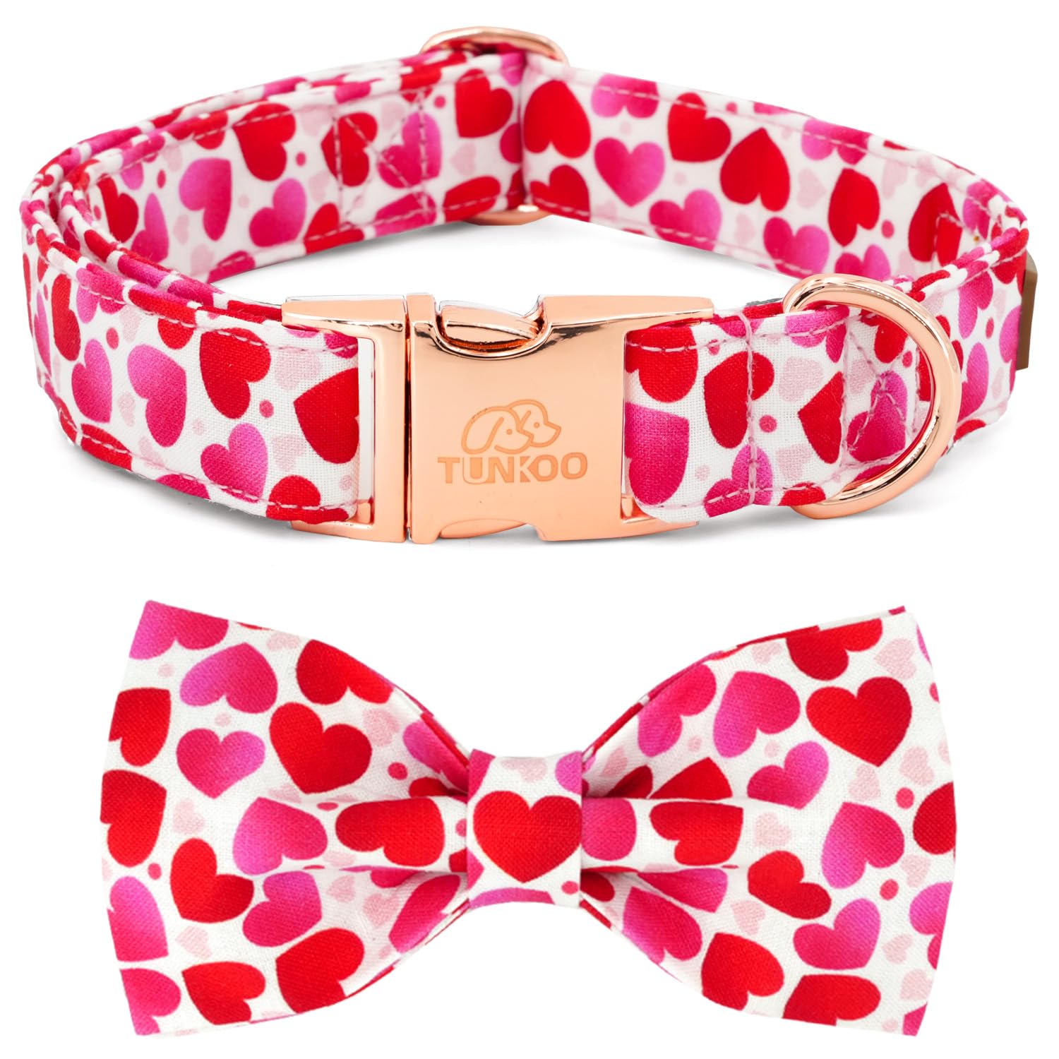 Collar Tunkoo para perro San Valentín con lazo y corazones, ideal para paseos festivos.