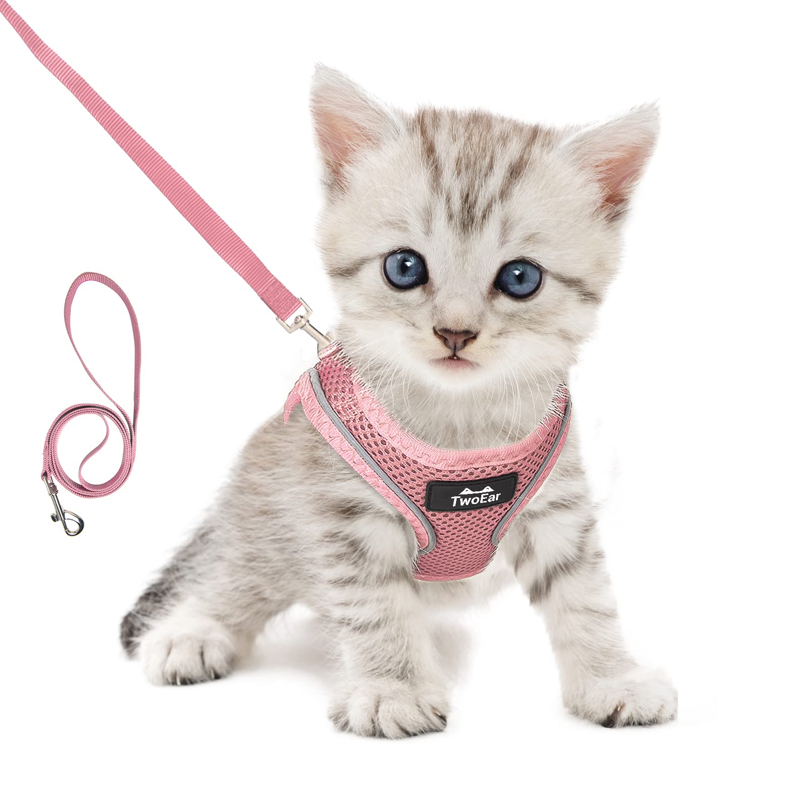 TwoEar arnés gato malla rosa, cómodo y transpirable para paseos diarios.