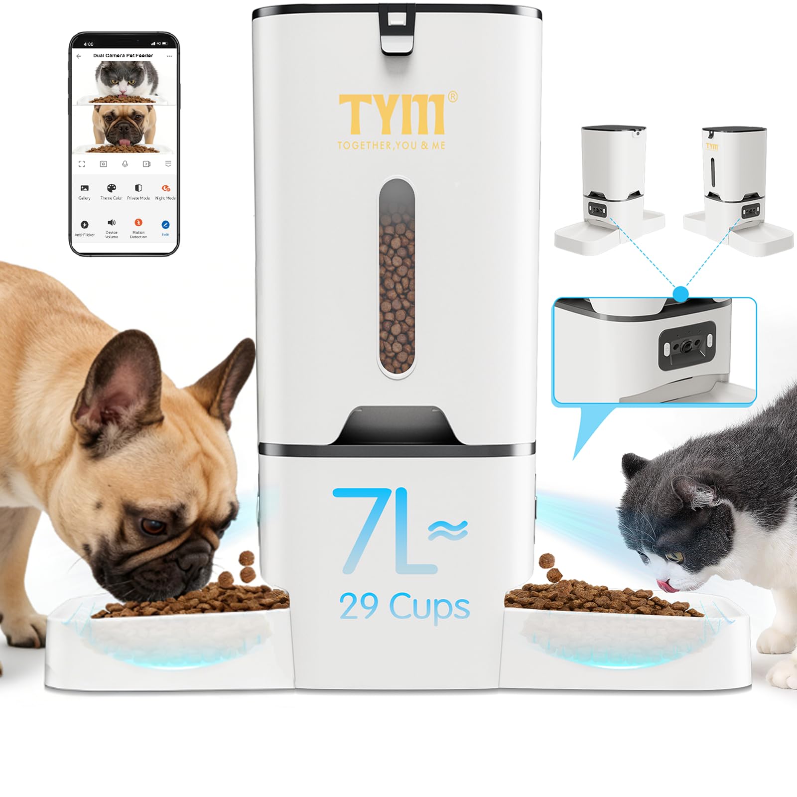 TYM alimentador automático para gatos con doble cámara frontal para supervisión remota.