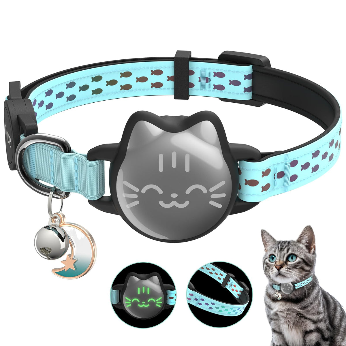 typecase collar AirTag para gatos, patrón pez reflectante nocturno para mayor visibilidad
