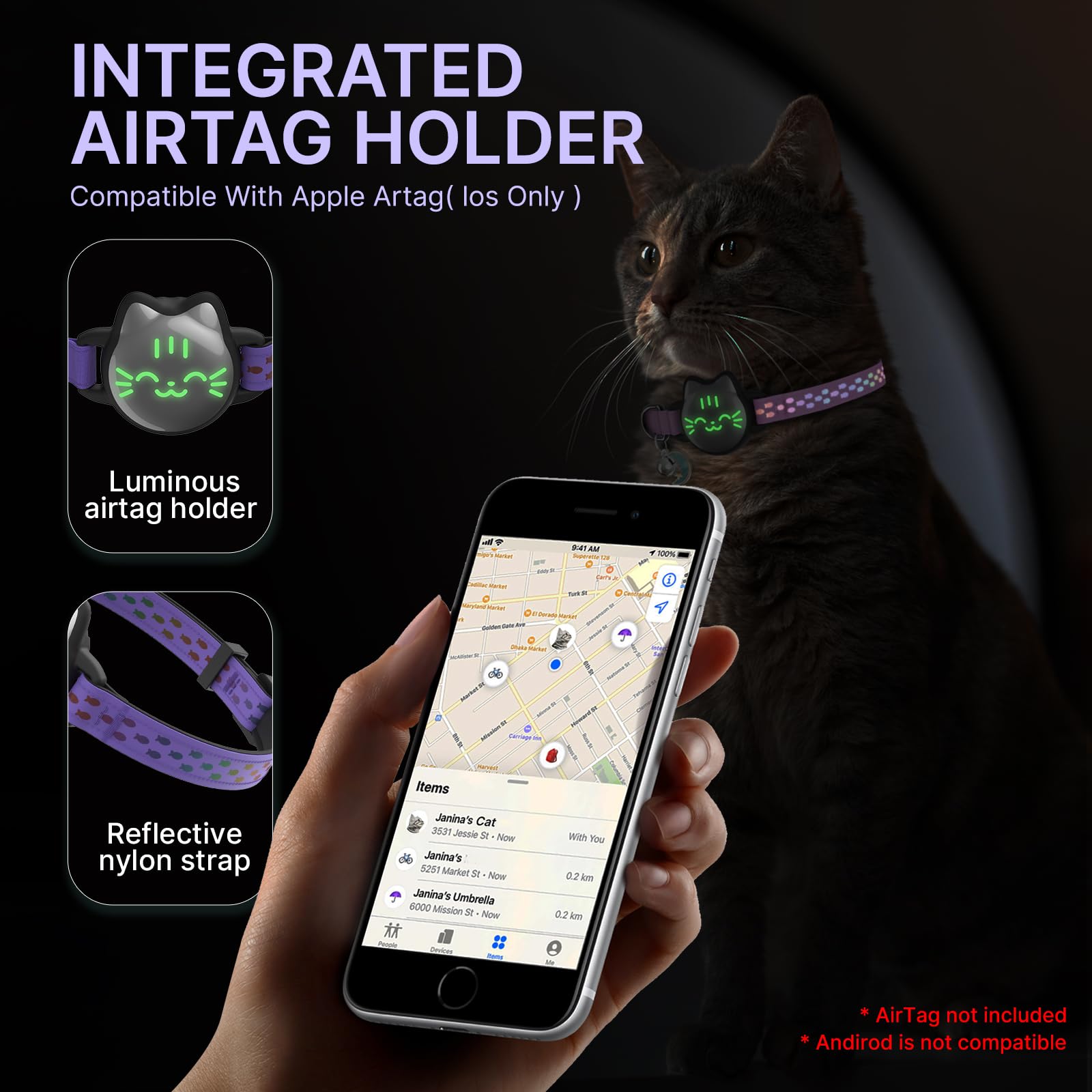typecase collar etiqueta rastreo ligero, cómodo para gatitos todo el día.