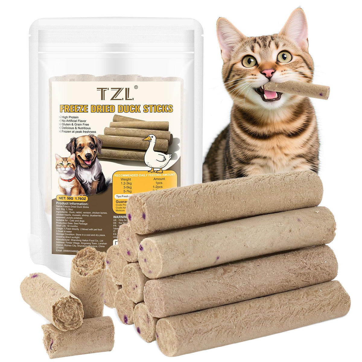 TZL pato liofilizado bastón: snack proteico para mascotas.