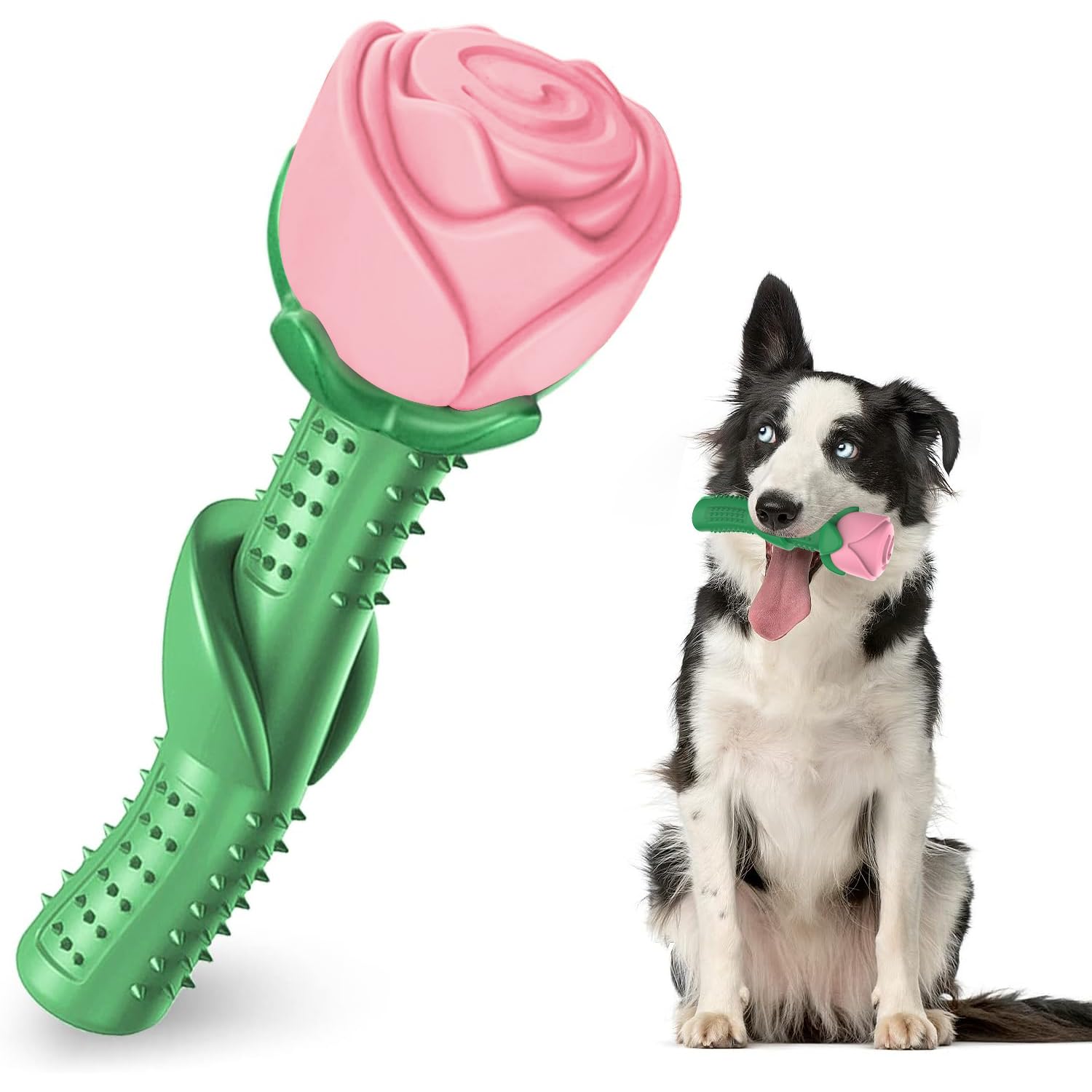Juguete ucho con forma de rosa, estimula la masticación segura y entretiene al perro.