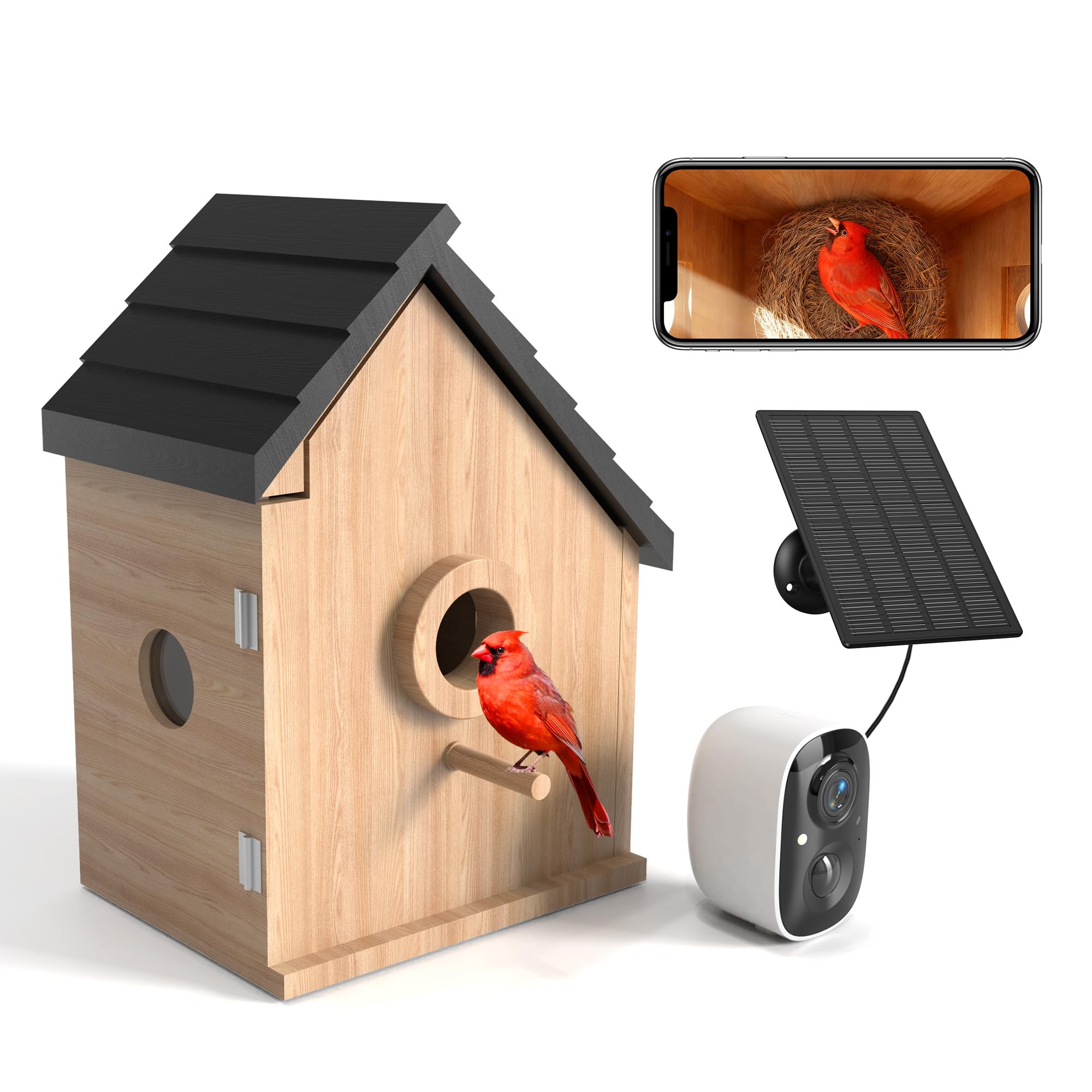 UIOOQ casa-nido exterior con cámara 2K para observación de aves al aire libre.