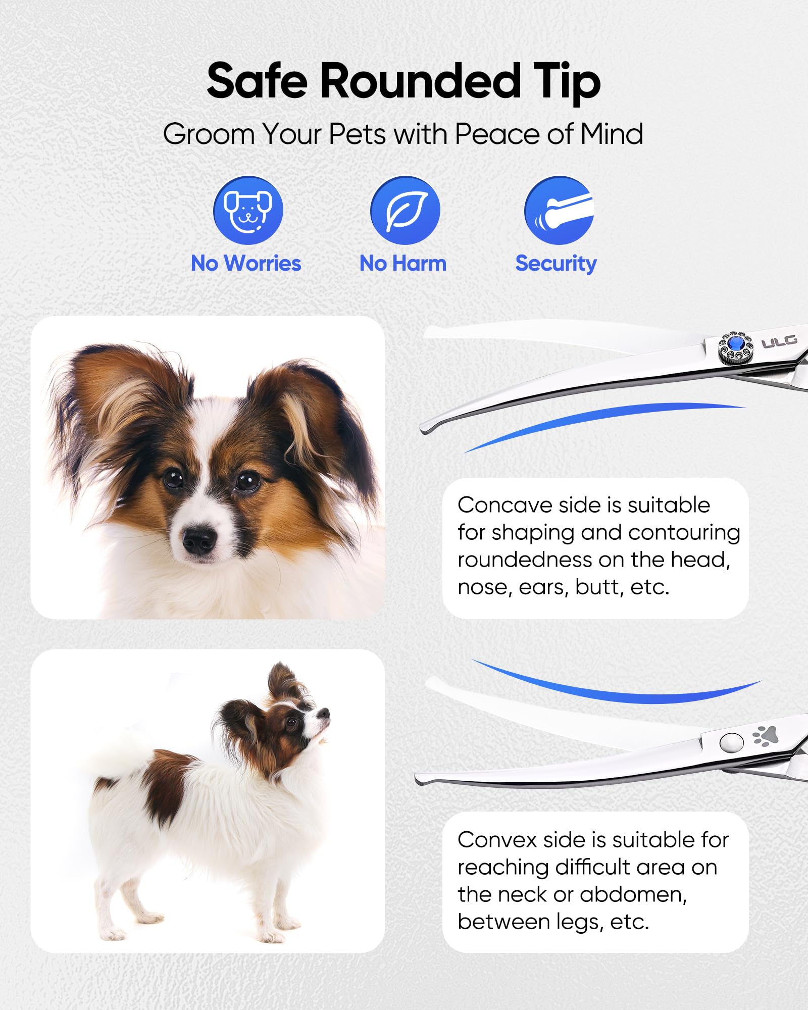 ULG tijeras curvas para perros diseño silencioso para grooming tranquilo
