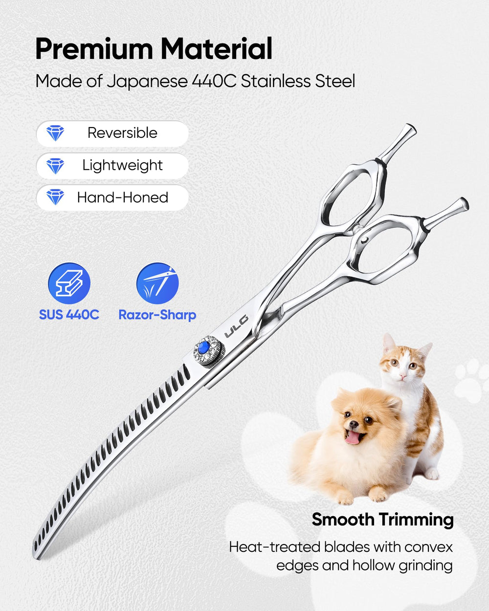 Tijeras ULG japonesas 440C, acero premium para durabilidad y rendimiento.