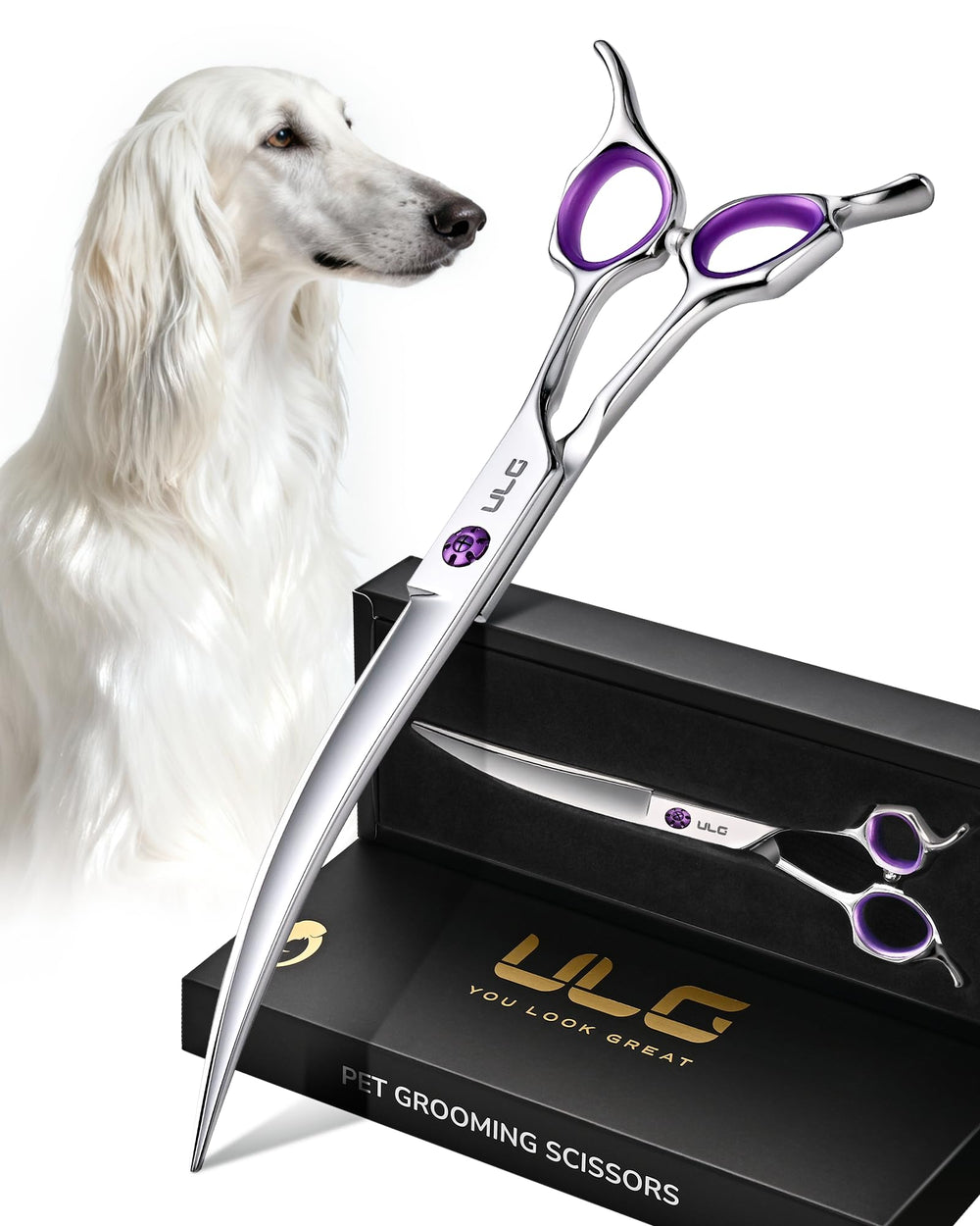 Tijeras ULG para perros, curva 30° en cara y cuerpo, control suave.