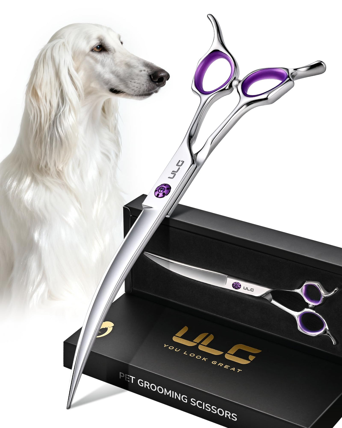 Tijeras ULG para perros, curva 30° en cara y cuerpo, control suave.