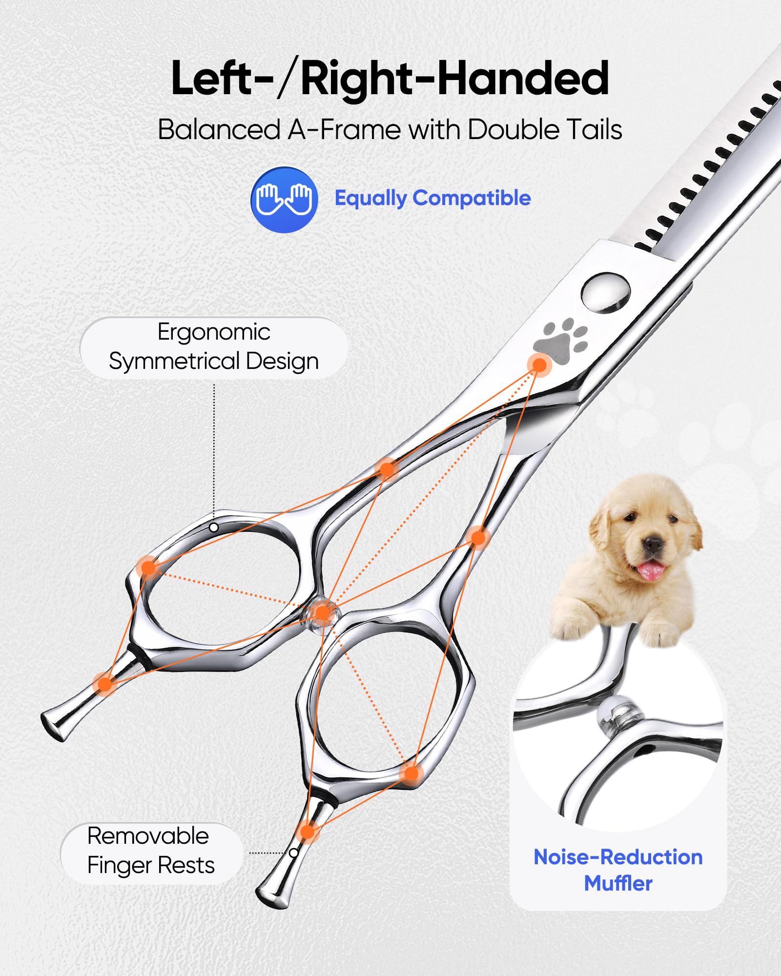 Tijeras ULG para perros, diseño ergonómico ligero para largas sesiones.