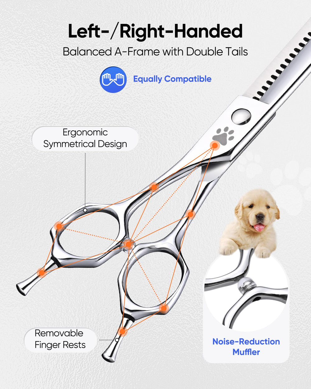 Tijeras ULG para perros, diseño ergonómico ligero para largas sesiones.