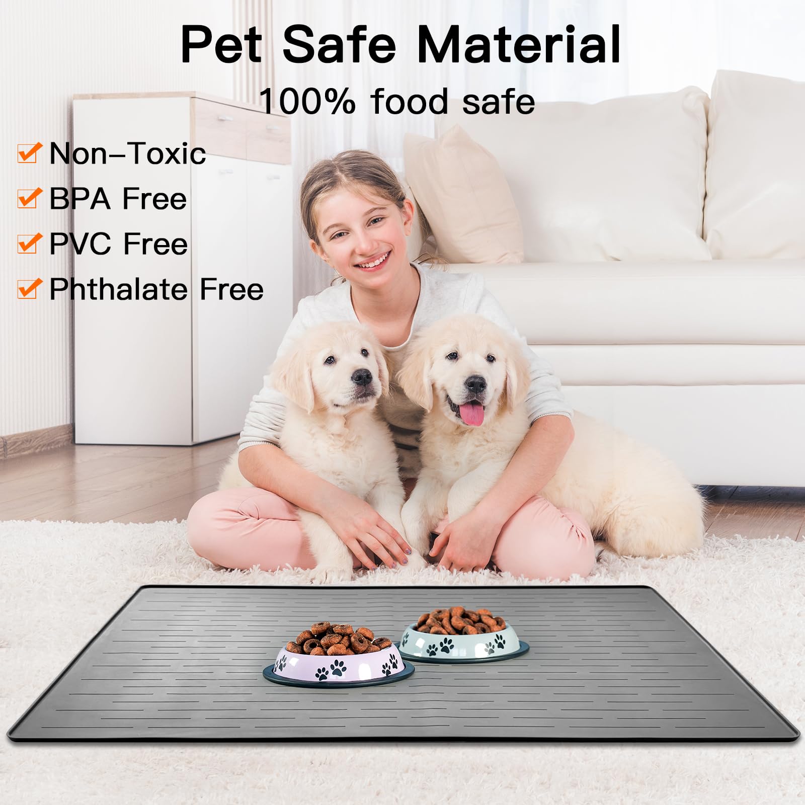 Ultibe alfombra para mascotas negra, práctico soporte para comida y agua.