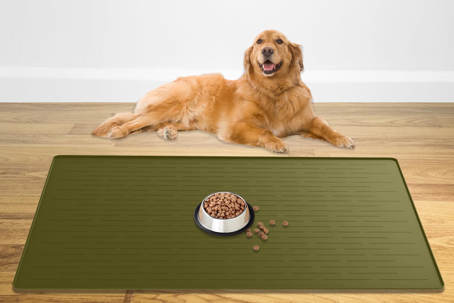 Alfombra Ultibe para alimentos de perros en verde aguacate, evita derrames y salpicaduras.