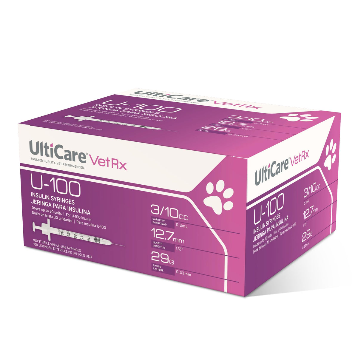UltiCare VetRx U-100 jeringas de insulina para mascotas con dosificación precisa.