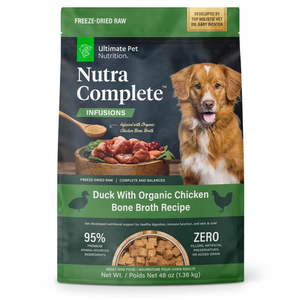 Envase de Ultimate Pet Nutrition Nutra Complete Infusions fácil de guardar y usar