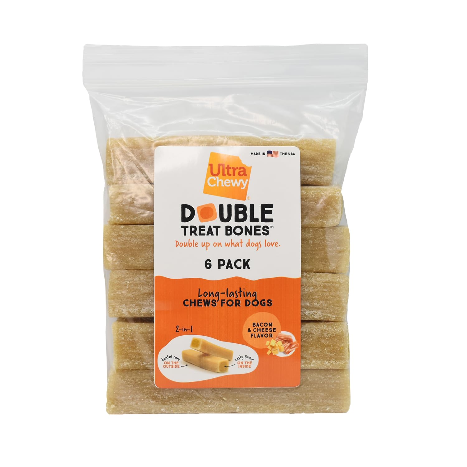 Ultra Chewy Bacon Cheese Double Treat Bones en empaque, ideal para transportar y conservar frescura.