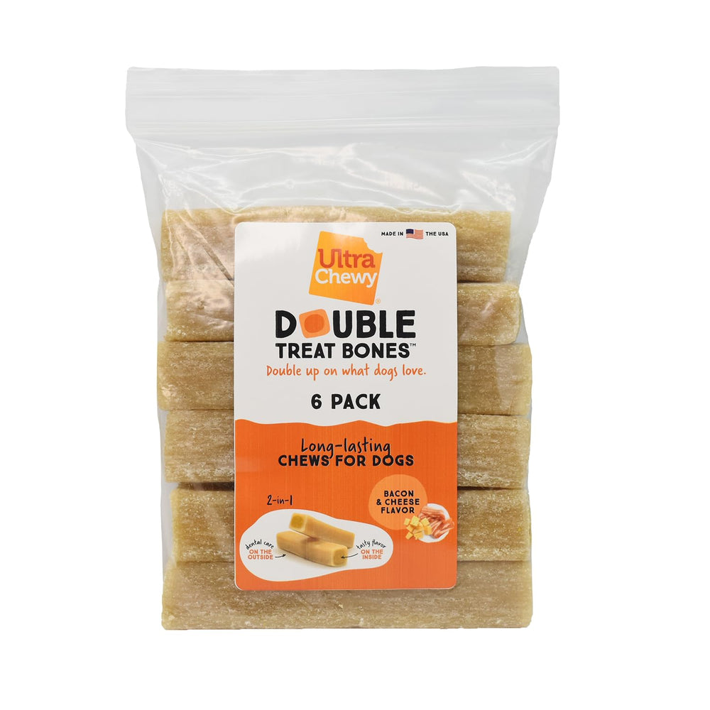 Ultra Chewy Bacon Cheese Double Treat Bones en empaque, ideal para transportar y conservar frescura.