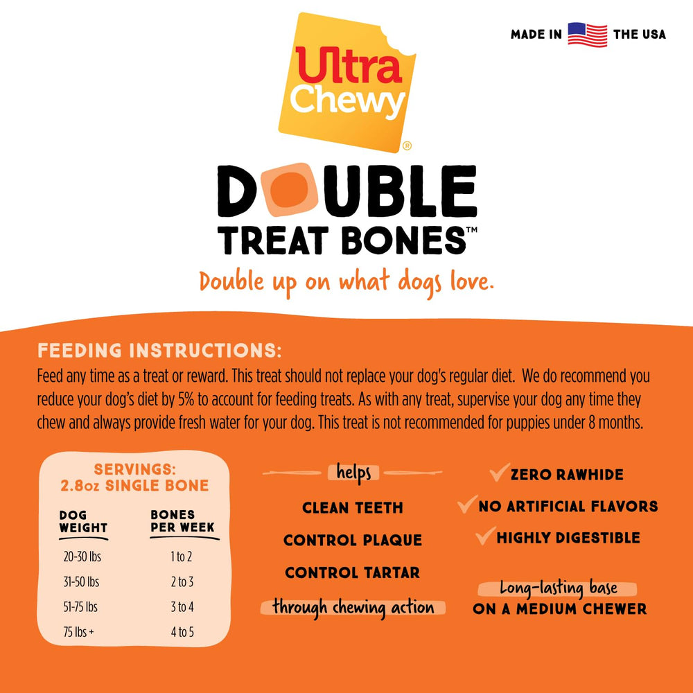 Ultra Chewy Bacon Cheese Double Treat Bones, sello USA para producción responsable.