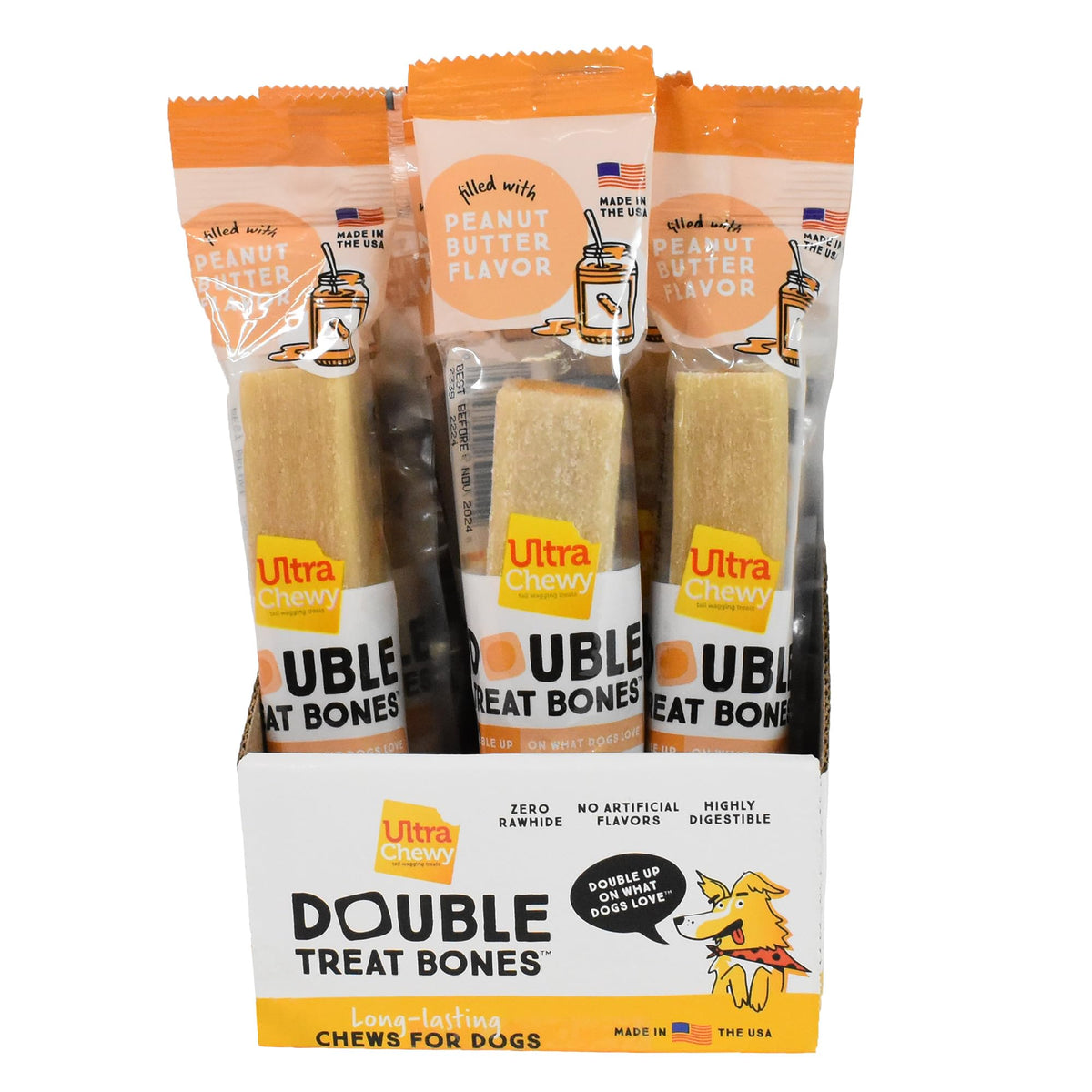 Ultra Chewy Hueso Doble Premio con capa exterior duradera para masticación prolongada.