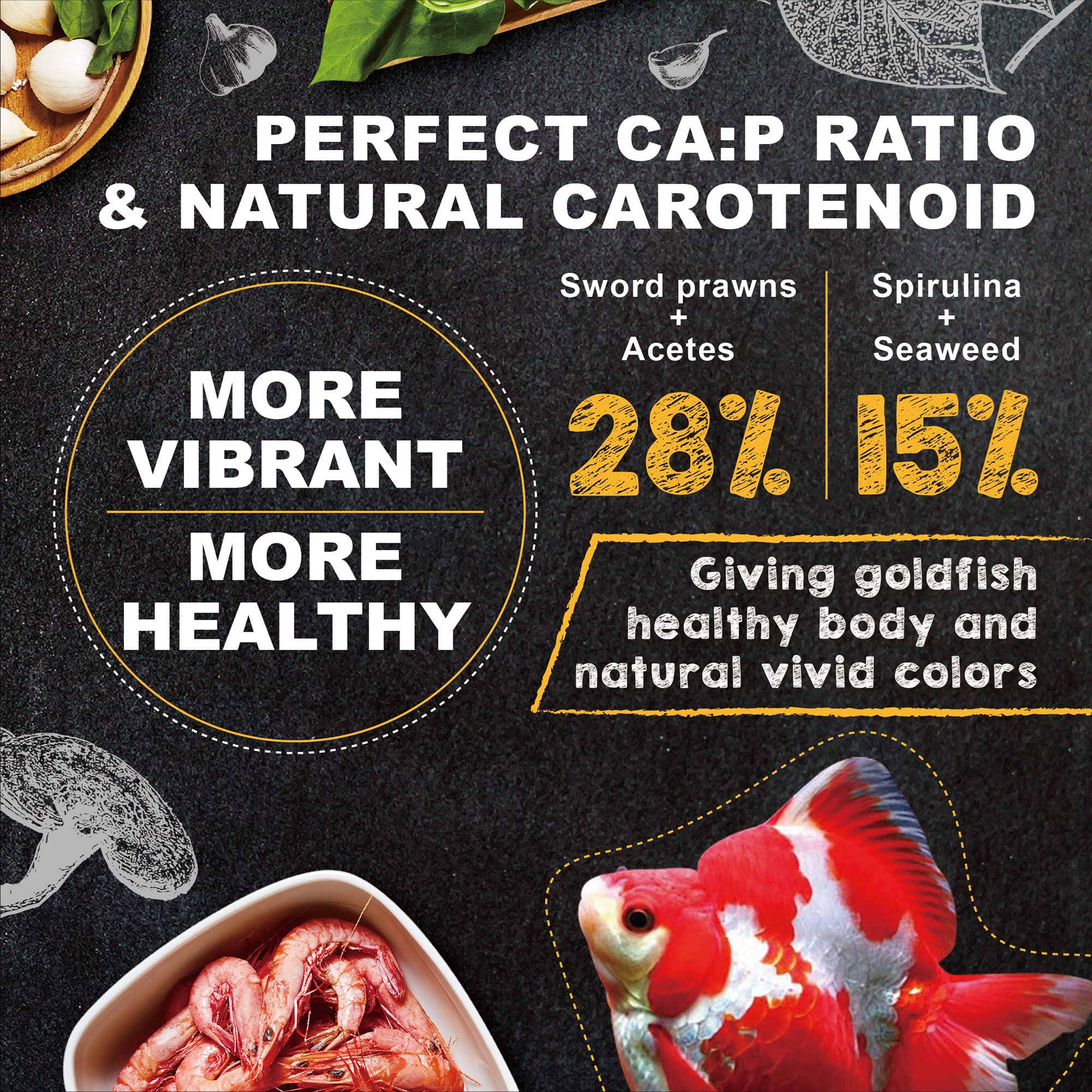 Ultra Fresh dieta equilibrada para pez dorado, aporta proteínas y vegetales variados.
