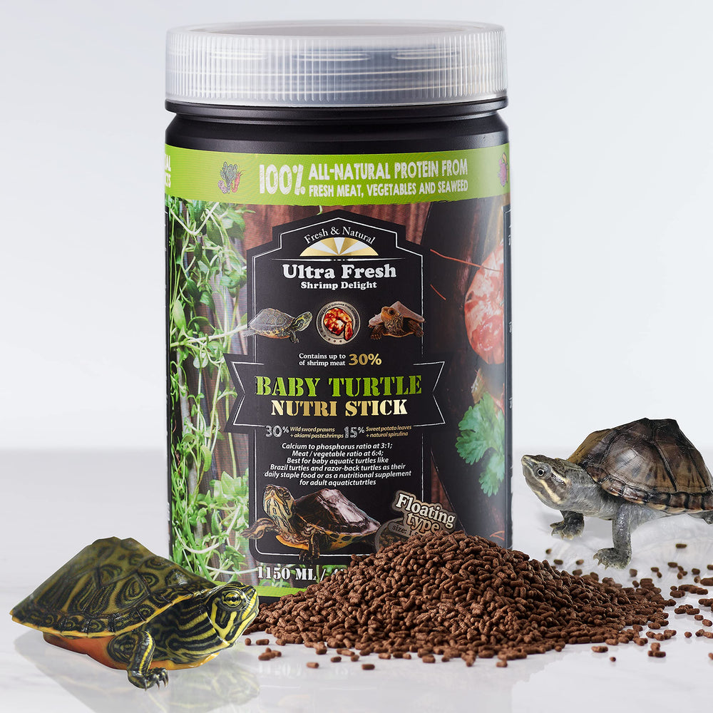 Ultra Fresh alimento flotante para tortugas bebé en acuario, favorece ingesta.