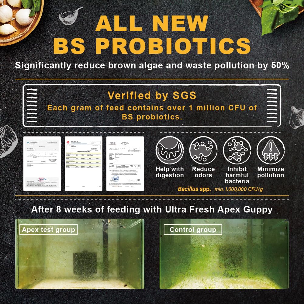 Ultra Fresh Apex Guppy probióticos BS para microbioma saludable y agua limpia.